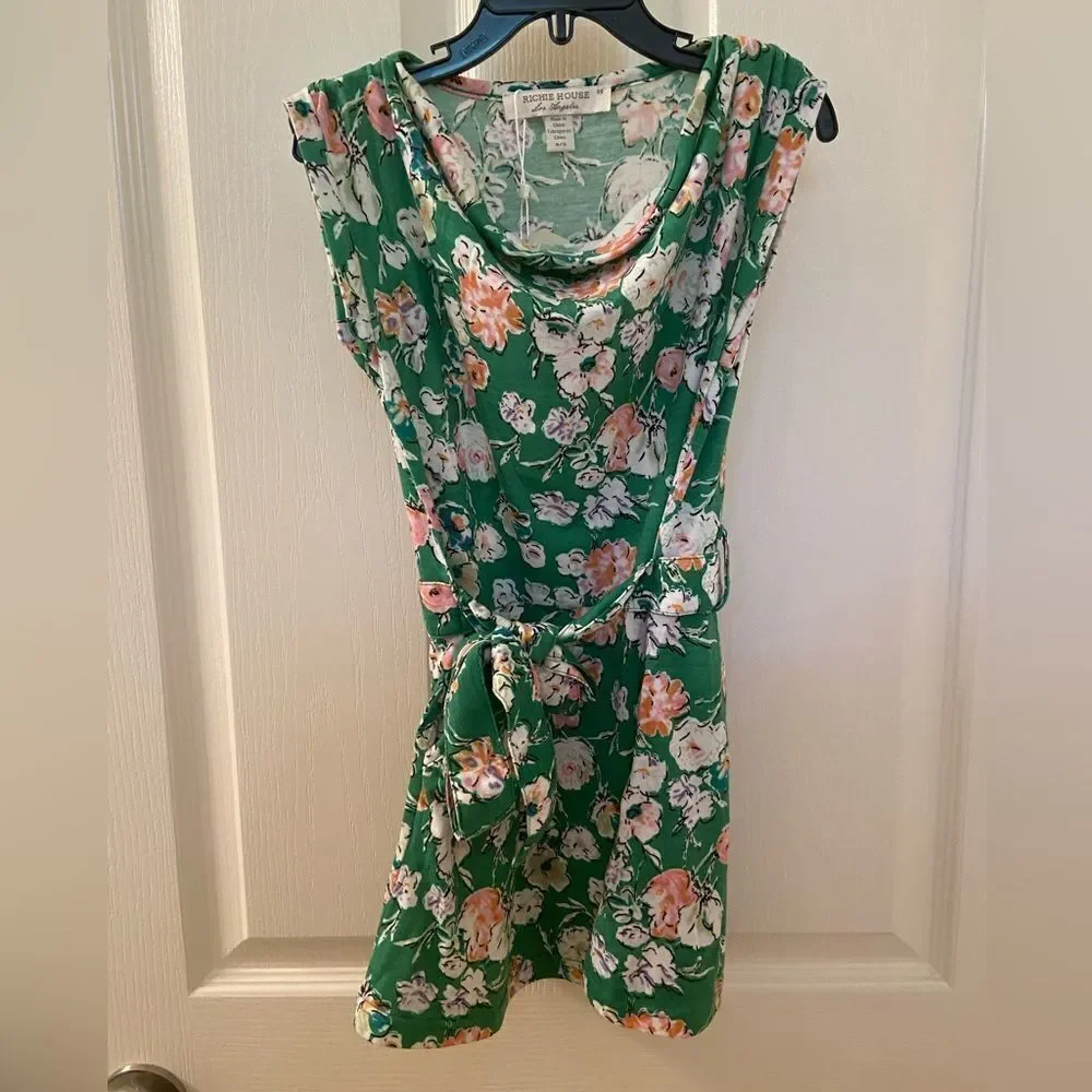 Richie House Los Angeles Green Floral Belted Dress Girls Size 4-5 NWT